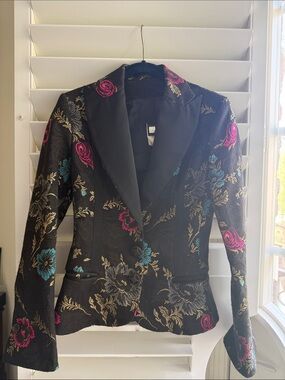 Just Cavalli Black Floral Brocade Blazer with Pink and Teal Embroidery